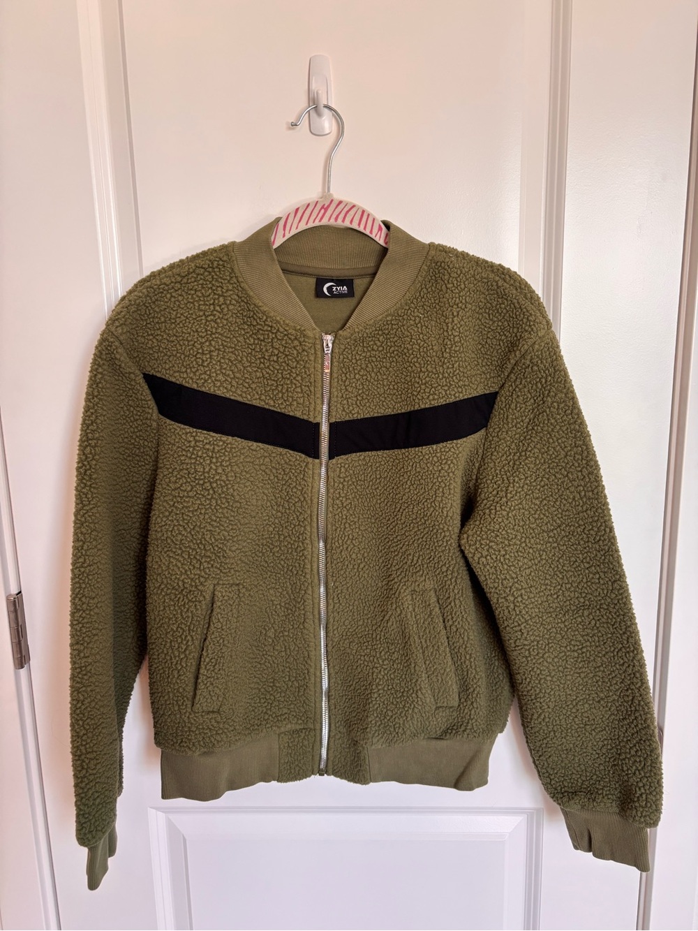 Zyia Olive Green Sherpa Bomber Jacket with Black Accent